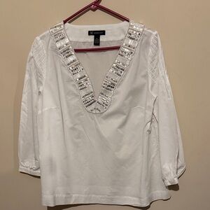 INC International Concepts White Sequin V-Neck Blouse